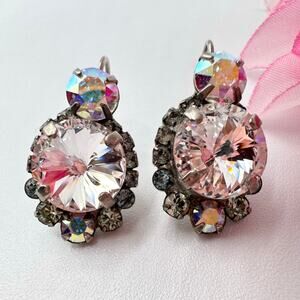 Vintage Sorrelli Rivoli Crystal Cluster Earrings AB Leverback Bridal Signed